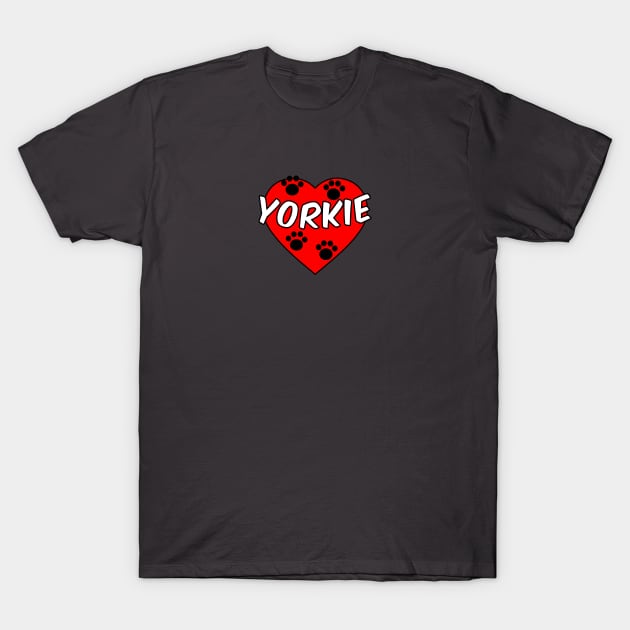 Yorkie Dog Paw Prints And Red Heart T-Shirt by Braznyc